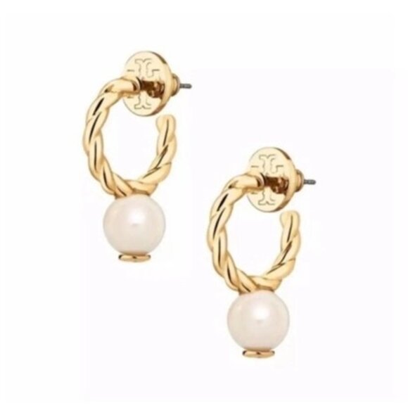 Tory Burch Rope Logo Bead Hoop Earrings w Dust Bag NWOT - Picture 1 of 4